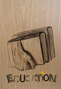 手绘的手拿着木头背景上的书作为 crea