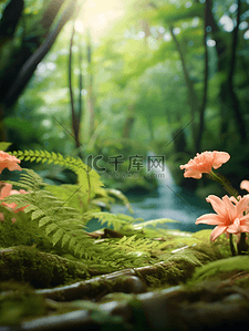 风景电商背景背景图片_电商森林水系花朵空景镜头背景