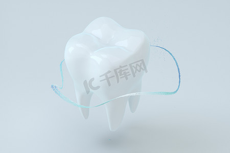 白色牙齿周围环绕着蓝色渐变粒子，3d 渲染。