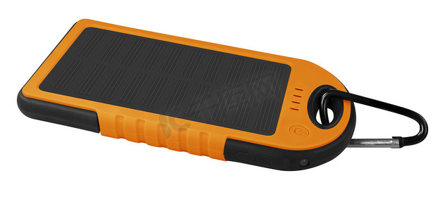 太阳能硅片摄影照片_带太阳能电池板的移动电源 - 橙色