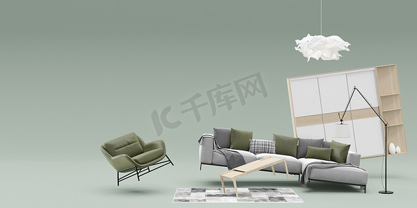 横幅配有现代家具和广告文字或徽标的复制空间。