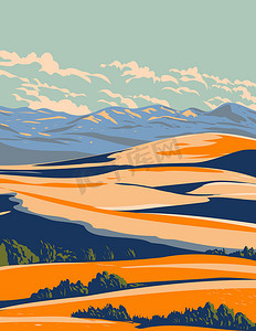美国犹他州卡梅尔山交界处和卡纳布之间的珊瑚粉红沙丘州立公园 WPA 海报艺术