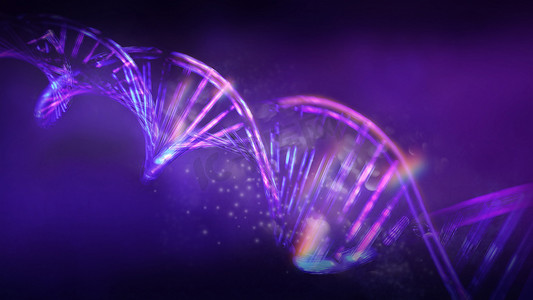 深紫色背景上的发光 DNA 链，3D 渲染。