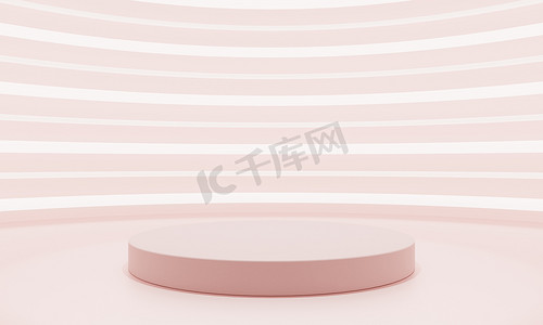 简约曲线背景摄影照片_简约风格曲线粉红色产品讲台展示与白色和粉红色霓虹灯背景。