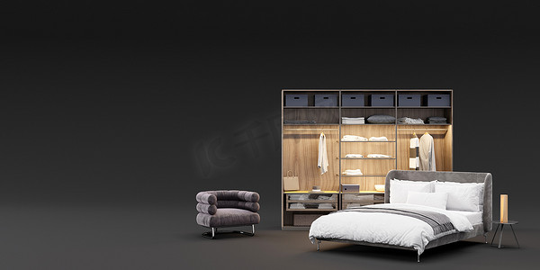 横幅配有现代卧室家具和广告文字或徽标的复制空间。
