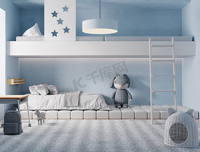 儿童房背景摄影照片_适合儿童或儿童房的内置双层床，背景为蓝色柔和和白色。