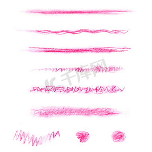 画笔铅笔一套粉红色水彩笔画和线条。