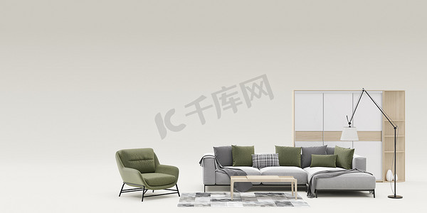 横幅配有现代家具和广告文字或徽标的复制空间。