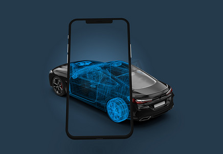 智能手机扫描黑色汽车显示线框