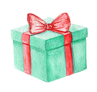 白色背景红丝带的水彩绿色礼盒，新年，圣诞节，生日