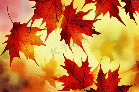 水彩红色天空摄影照片_黄色、红色、橙色的水彩秋天背景。