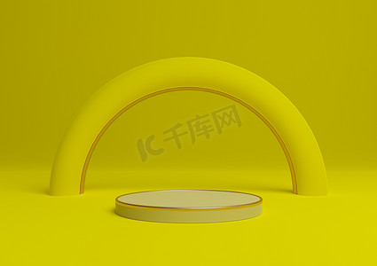 明亮的霓虹黄色 3D 渲染简单的产品展示圆筒讲台或金色线条的展台最小的构图与拱形几何和奢华的光芒