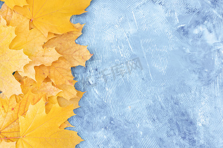 树叶边框摄影照片_蓝色背景顶视图上的秋叶框架秋季边框黄色和橙色叶子复古结构表复制文本空间。