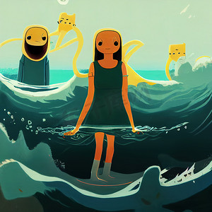 卡通海洋摄影照片_卡通风格的女孩和男孩角色在海水中
