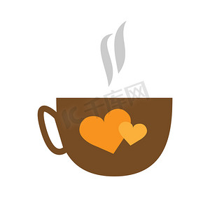 咖啡矢量摄影照片_咖啡与心杯-平面图标矢量插画设计。