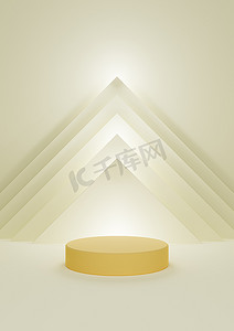 产品展示摄影照片_柔和、浅色、柑橘黄色 3D 插图简单、最小的产品展示，带有一个圆柱体支架，带有抽象金字塔三角形，背景顶部有灯光