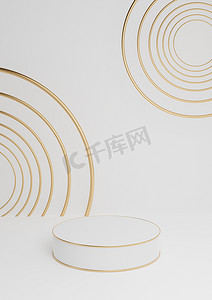 白色、浅灰色、黑白 3D 渲染最小产品展示豪华圆筒讲台或产品背景抽象构图与金色线条和圆圈