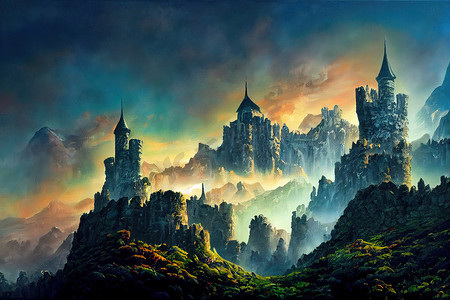 海报城堡摄影照片_幻想山脉中的未来城堡。