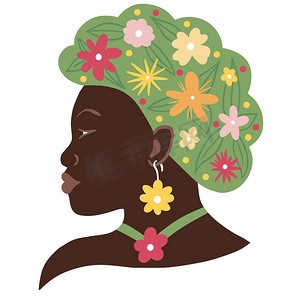 非洲裔美国黑人妇女的手绘插图，头发头上有花。