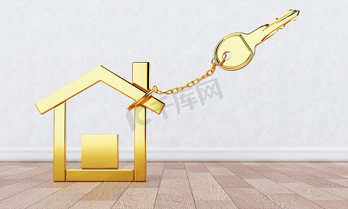 金钥匙链与金色现代房子形状钥匙扣在木地板和白色墙壁背景上。