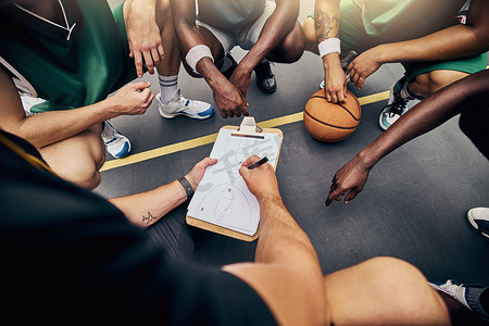 篮球、战略和团队与体育教练交谈，同时在剪贴板和手上规划战术。