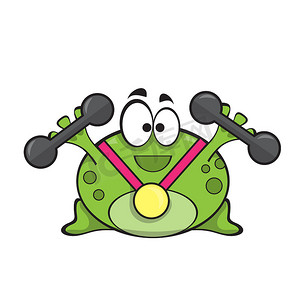 绿色可爱卡通矢量摄影照片_可爱的青蛙，金牌和哑铃做健身运动，卡通人物