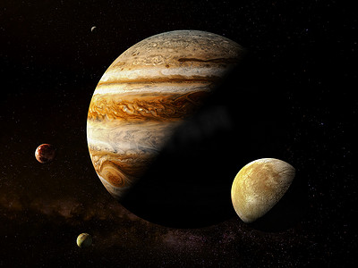 太阳宇宙摄影照片_木星与卫星 - 高分辨率 3D 渲染图像呈现太阳系的行星。