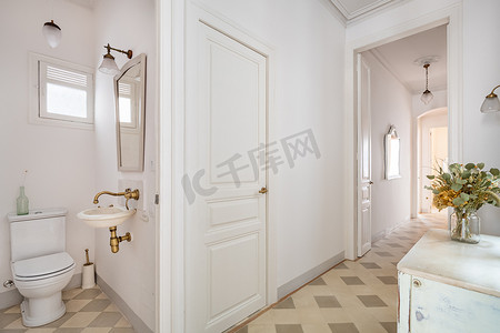 以复古风格装饰的走廊可以看到小厕所和翻新公寓的其他空间