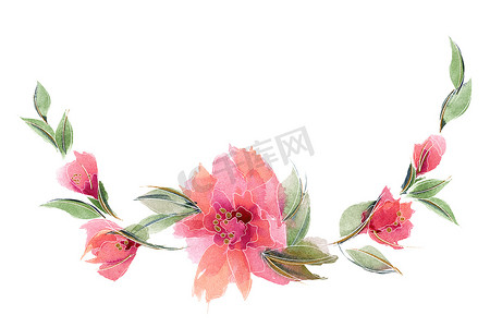 玫瑰花环手绘摄影照片_粉红色花春天玫瑰花环