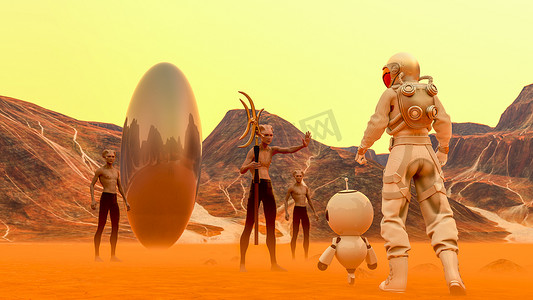 宇航员和小机器人在沙漠星球的太空行走中面对一个奇怪的蛋形物体和外星人