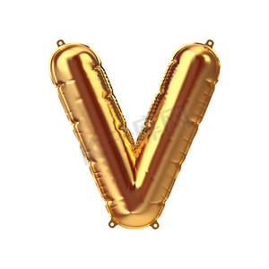 金色充气铝箔气球字母 V 的 3D 渲染。派对装饰元素