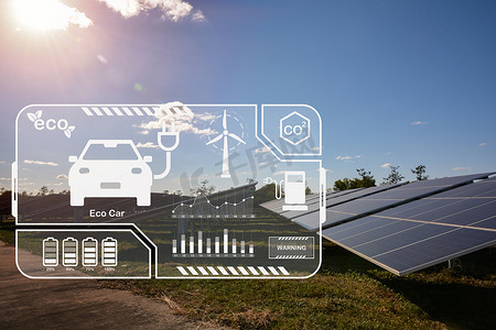 阳光明媚的日子太阳能电池板与电动汽车充电环境图标