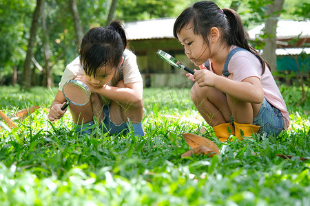 用户摄影照片_孩子们用户外放大镜学习和探索自然。