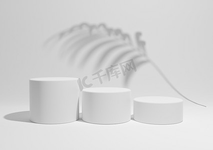 黑白背景摄影照片_白色、浅灰色、黑白、3D 渲染一个简单、最小的产品展示组合背景，在自然产品的背景中有三个讲台或展台和棕榈叶阴影