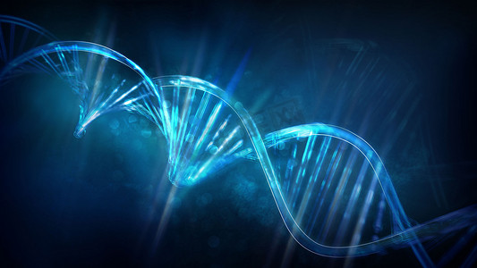 深蓝色背景上发光的 DNA 链，3D 渲染。
