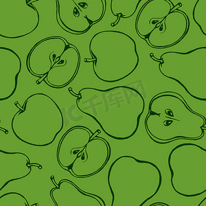 无缝图案与手绘水果元素苹果梨。