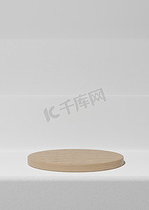 产品台阶摄影照片_白色、浅灰色、黑白 3D 渲染简单的产品展示，最小的背景与讲台木缸站在台阶上用于自然产品