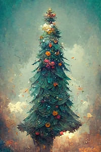 圣诞树，数字艺术手绘风格，插图