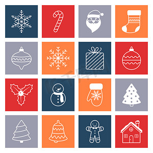 新年图标摄影照片_新年或圣诞节平面图标十六个简单图标的集合