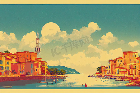 游艇海报摄影照片_复古旅行海报法国圣特罗佩，地中海老城