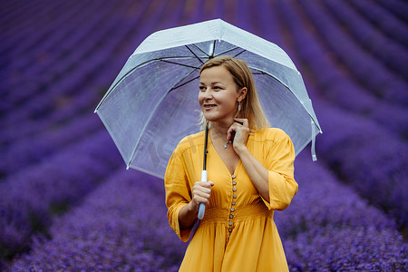 雨天，薰衣草田里的中年妇女打着伞散步，享受香薰。