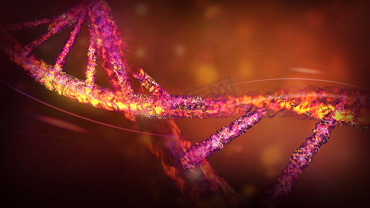 DNA 链结构破坏特写，3D 渲染。