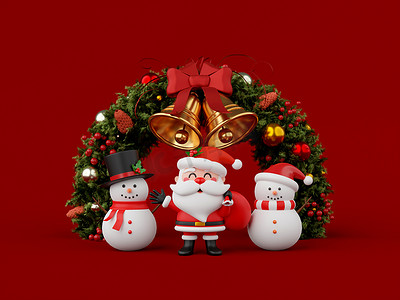 3d 插图圣诞老人和雪人的圣诞横幅与圣诞花环