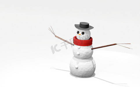 卡通雪人摄影照片_3D 渲染字符，欢快的白色雪人与针织帽子和围巾，卡通 ilustration 隔离在白色背景。