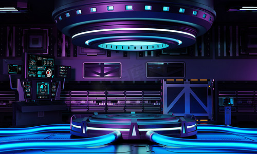 Cyber​​punk 科幻产品登上领奖台展示在太空飞船与蓝色紫色和粉红色背景。
