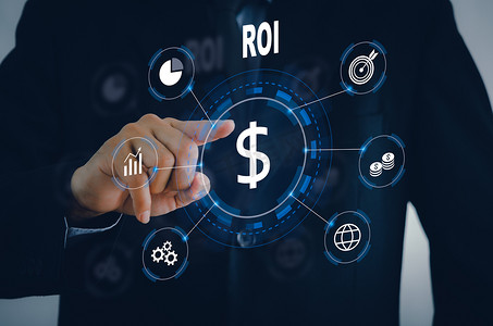 ROI 投资回报虚拟屏幕互联网商业金融和大数据技术概念。