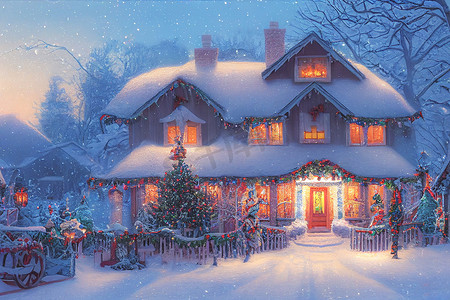 圣诞树屋的 3D 插图，周围有雪，配有装饰品和彩灯