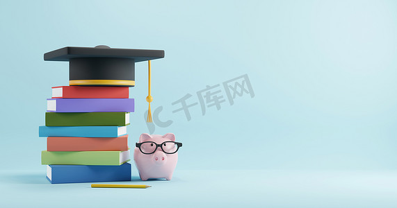 彩色书堆和储蓄罐戴眼镜 3D 渲染毕业帽的教育和留学概念设计