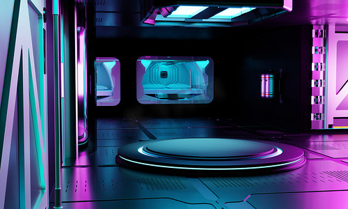 太空飞船实验室内部建筑和空荡荡的讲台用于赛博朋克产品展示。