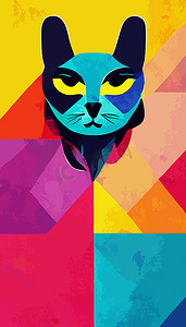 五颜六色的猫头与酷炫的孤立波普艺术风格背景。 